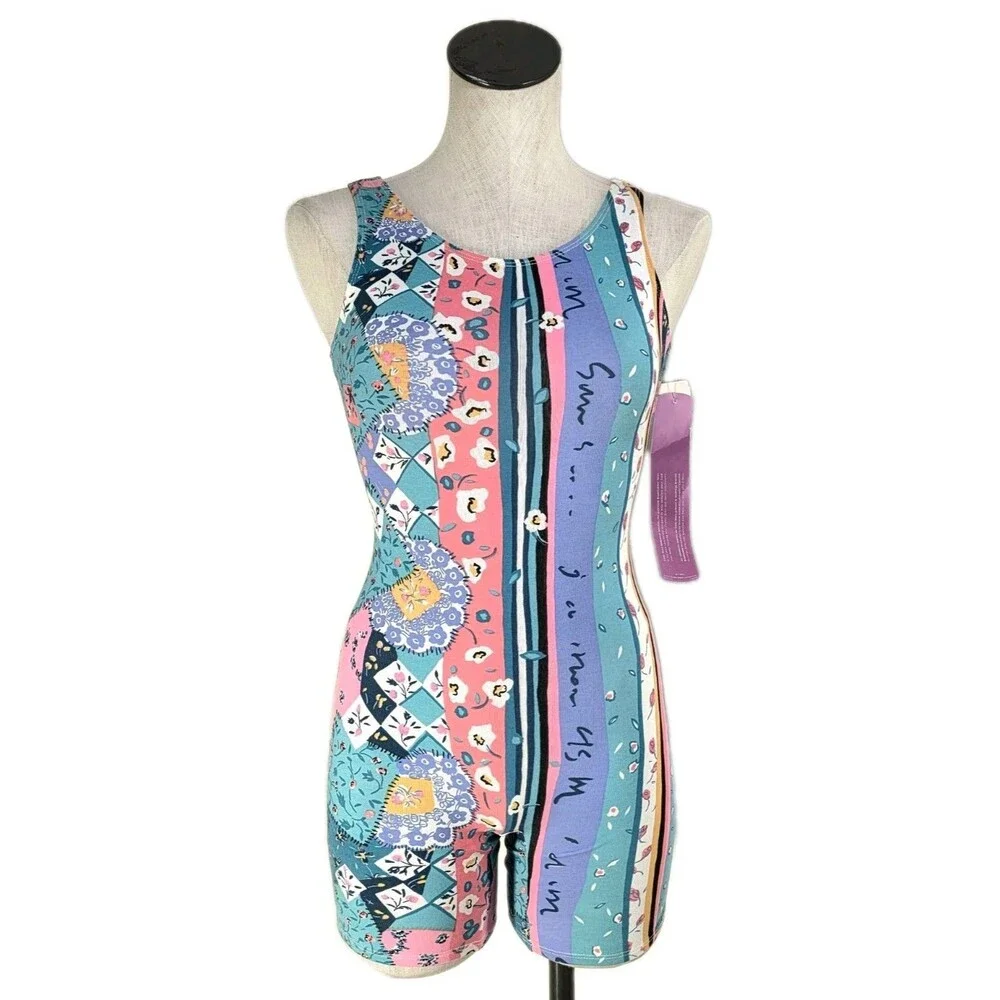Gilda Marx Kid VTG 80s Pastel Patchwork Cotton Biketard Unitard Open Back Size L